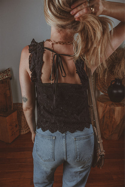 Black Floral Embroidered Buttoned Square Neck Tank Top