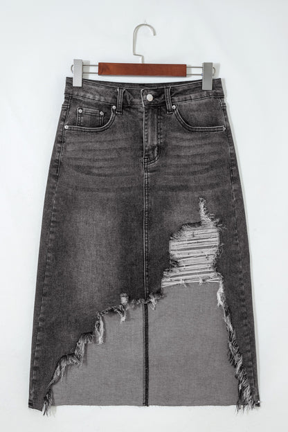 Dark Grey Irregular Distressed Bottom Denim Midi Skirt