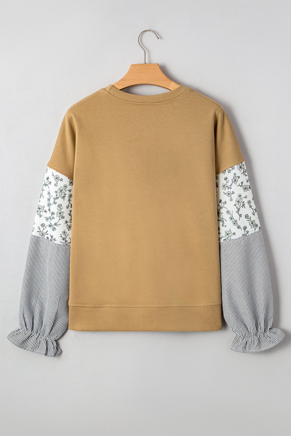 Camel Floral Striped Patchwork Ruffled Sleeve Crew Neck Sweatshirt