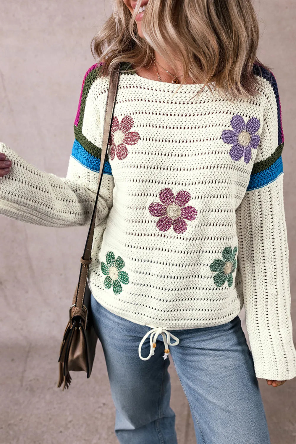 White Daisy Flower Pointelle Knit Sweater - Chic Meadow Boutique 