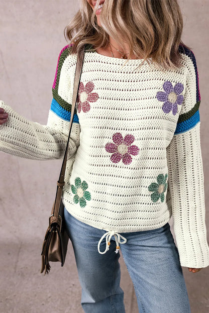 White Daisy Flower Pointelle Knit Sweater - Chic Meadow Boutique 