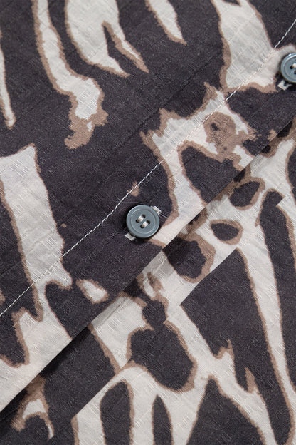 Parchment Leopard Print V Neck Button Down Balloon Sleeve Shirt