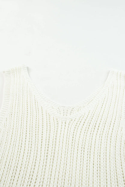 White Hollowed Knit V Neck Tank Top - Chic Meadow Boutique 