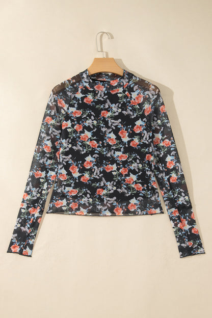 Black Floral Print Mesh Long Sleeve Stand Neck Pullover Top