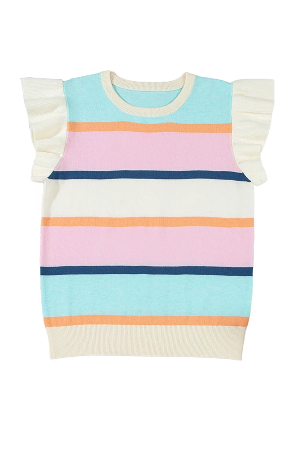 Multicolour Striped Color Block Flutter Sleeve Patchwork Sweater Top