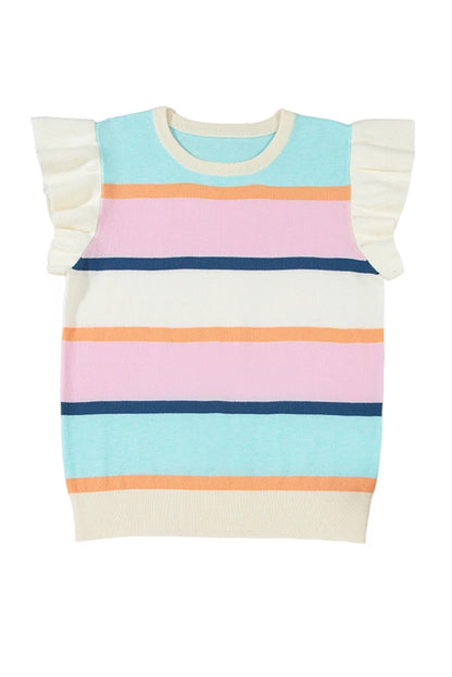 Multicolour Striped Color Block Flutter Sleeve Patchwork Sweater Top