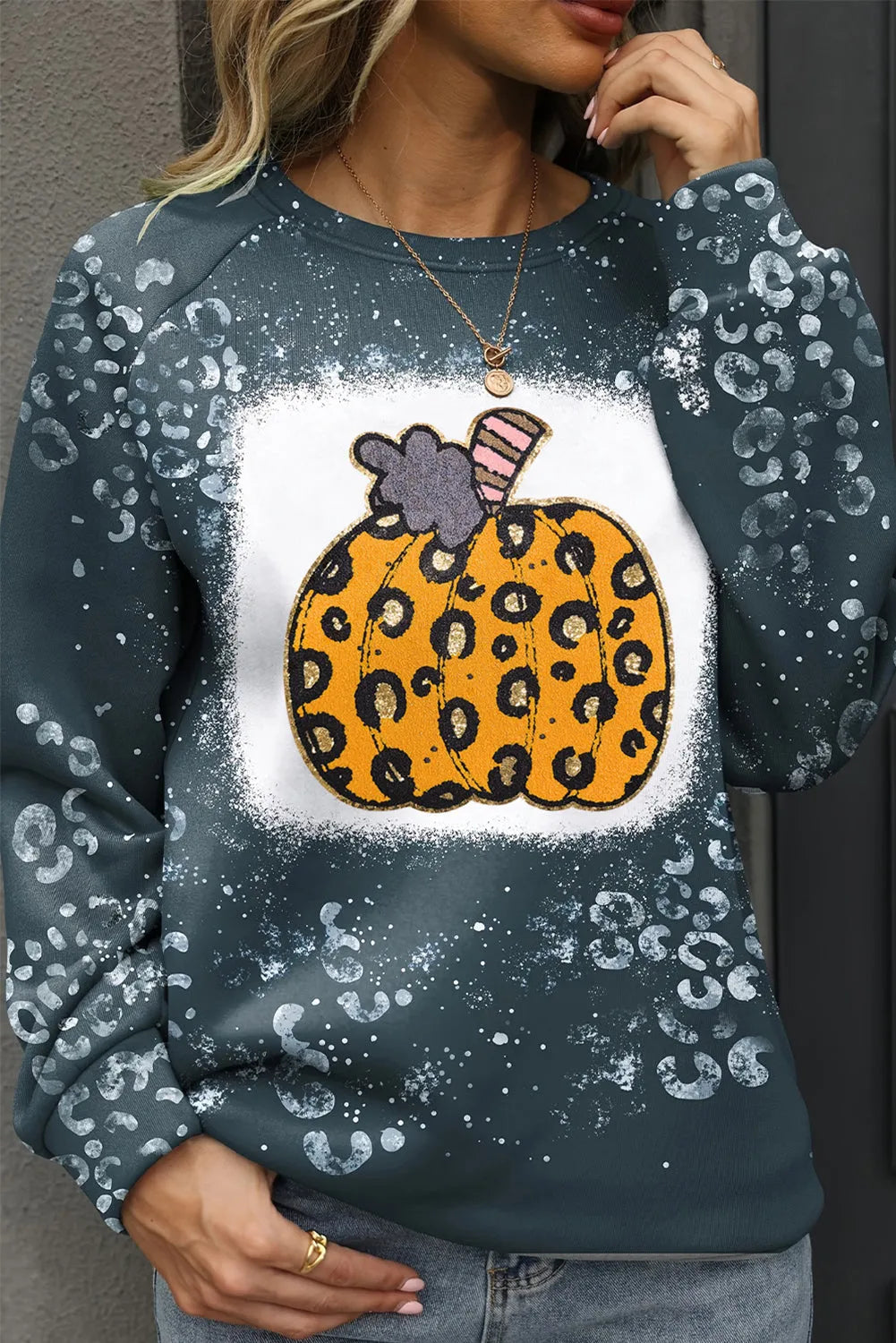 Blue Leopard Pumpkin Ink Plash Printed Halloween Sweatshirt - Chic Meadow Boutique 