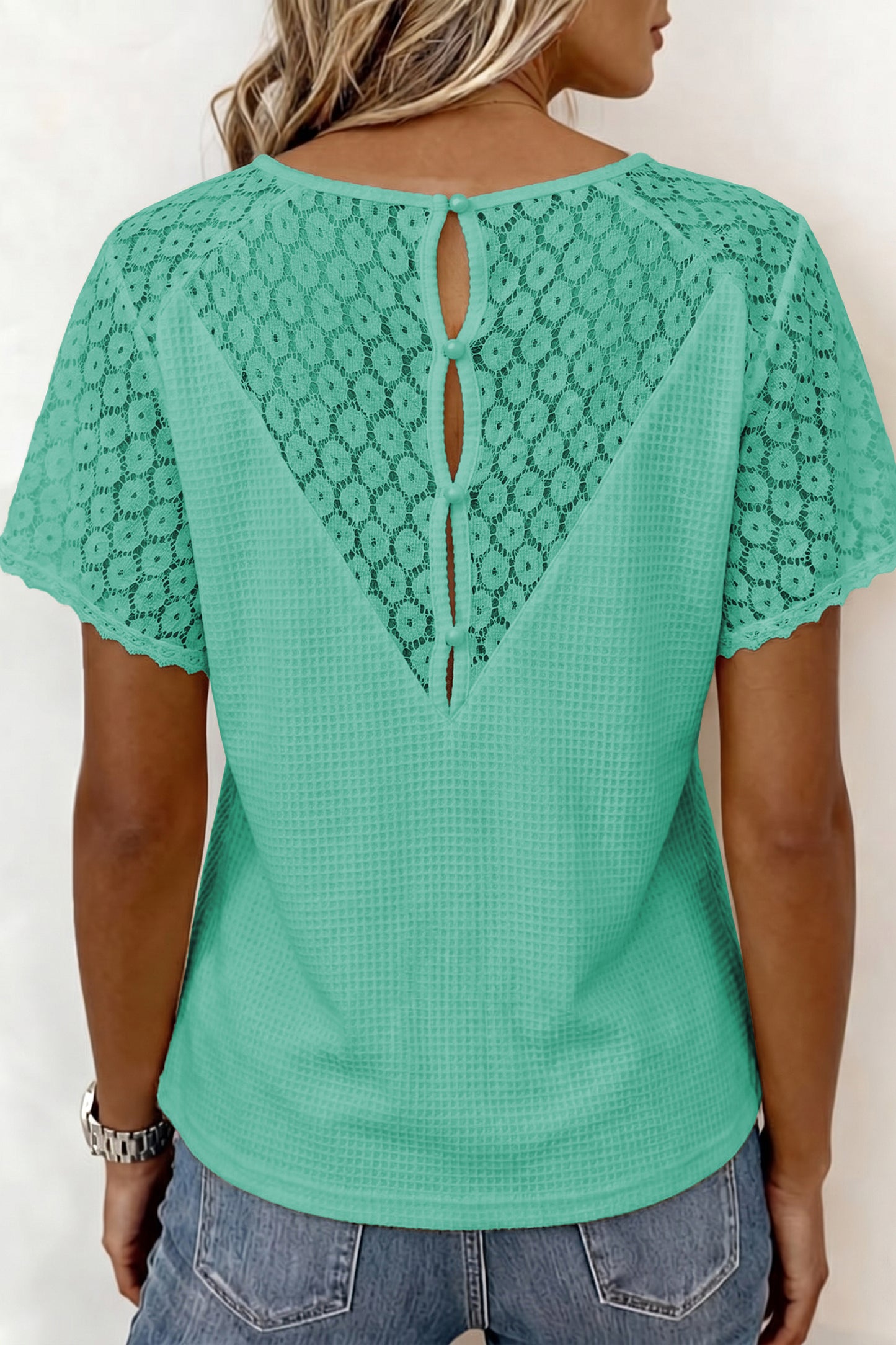 Mint Green Lace Splicing Button Cutout V Neck Waffle Knit Blouse