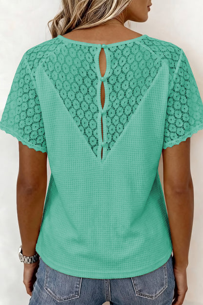 Mint Green Lace Splicing Button Cutout V Neck Waffle Knit Blouse