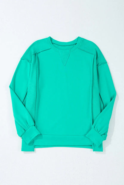 Mint Green Splicing Round Neck Pullover Sweatshirt - Chic Meadow Boutique 