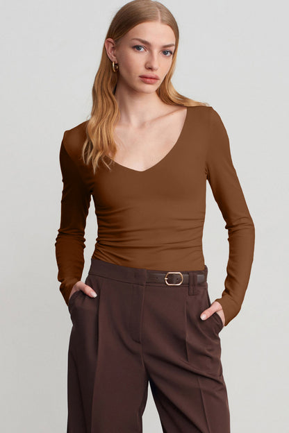 Coffee Slim Fit V Neck Long Sleeve Bra Buil-in Top