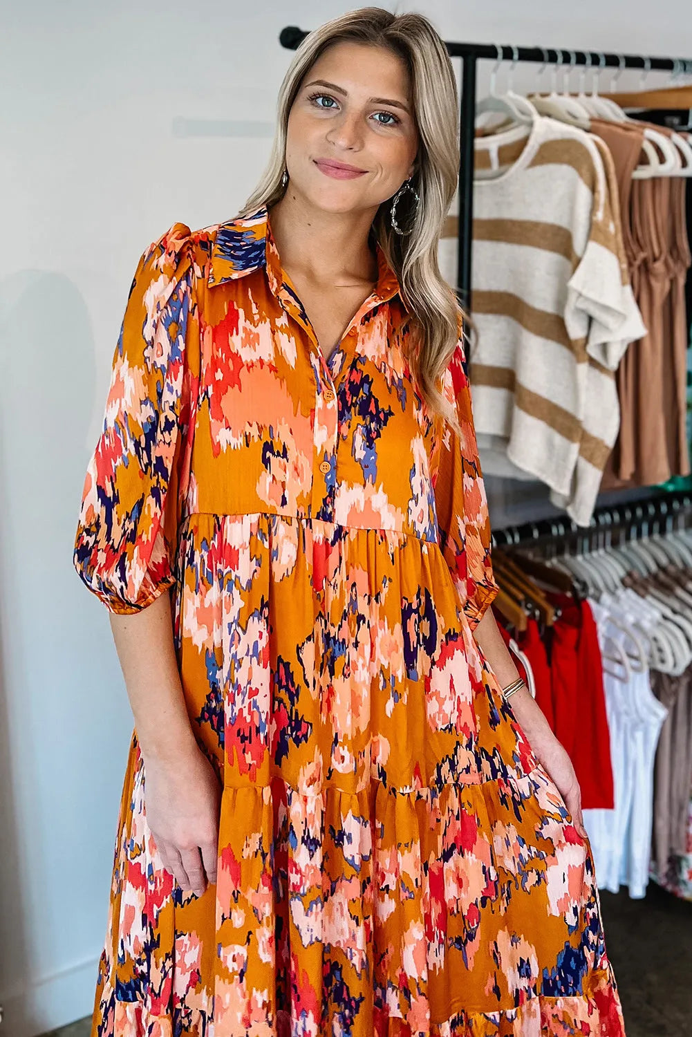 Orange Abstract Print Pleated Half Sleeve Buttoned Maxi Dress - Chic Meadow Boutique 