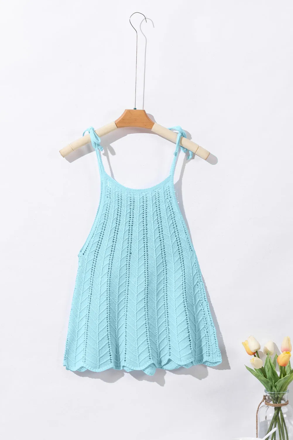 Beau Blue Tied Shoulder Pointelle Knit Tank Top - Chic Meadow Boutique 