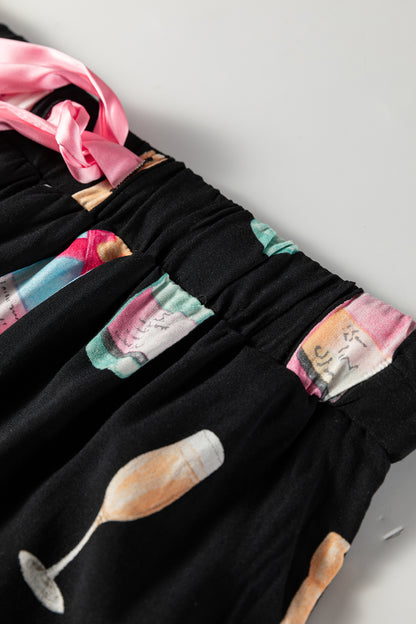 Color black Christmas Wine Glass Print Bow Knot Two Piece Pajama Set