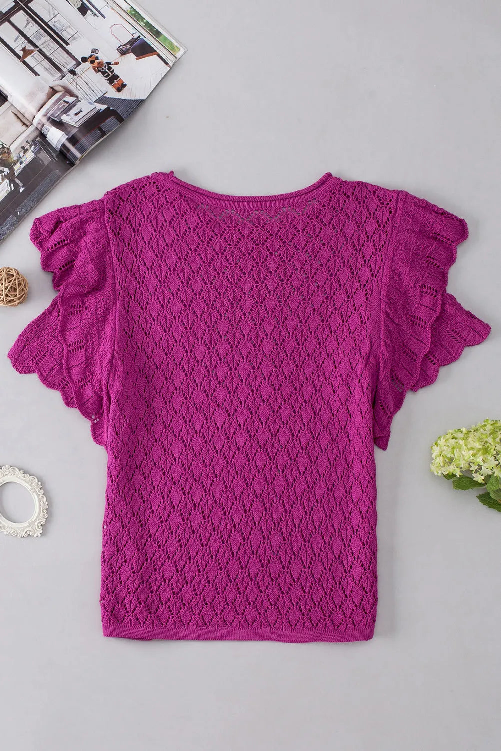 Tops/Short Sleeve Sweaters Violet Ruffled Short Sleeve Textured Knit Sweater