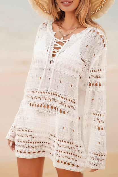 White Lace-up V Neck Hollow Out Knitted Long Sleeve Cover Up - Chic Meadow Boutique 