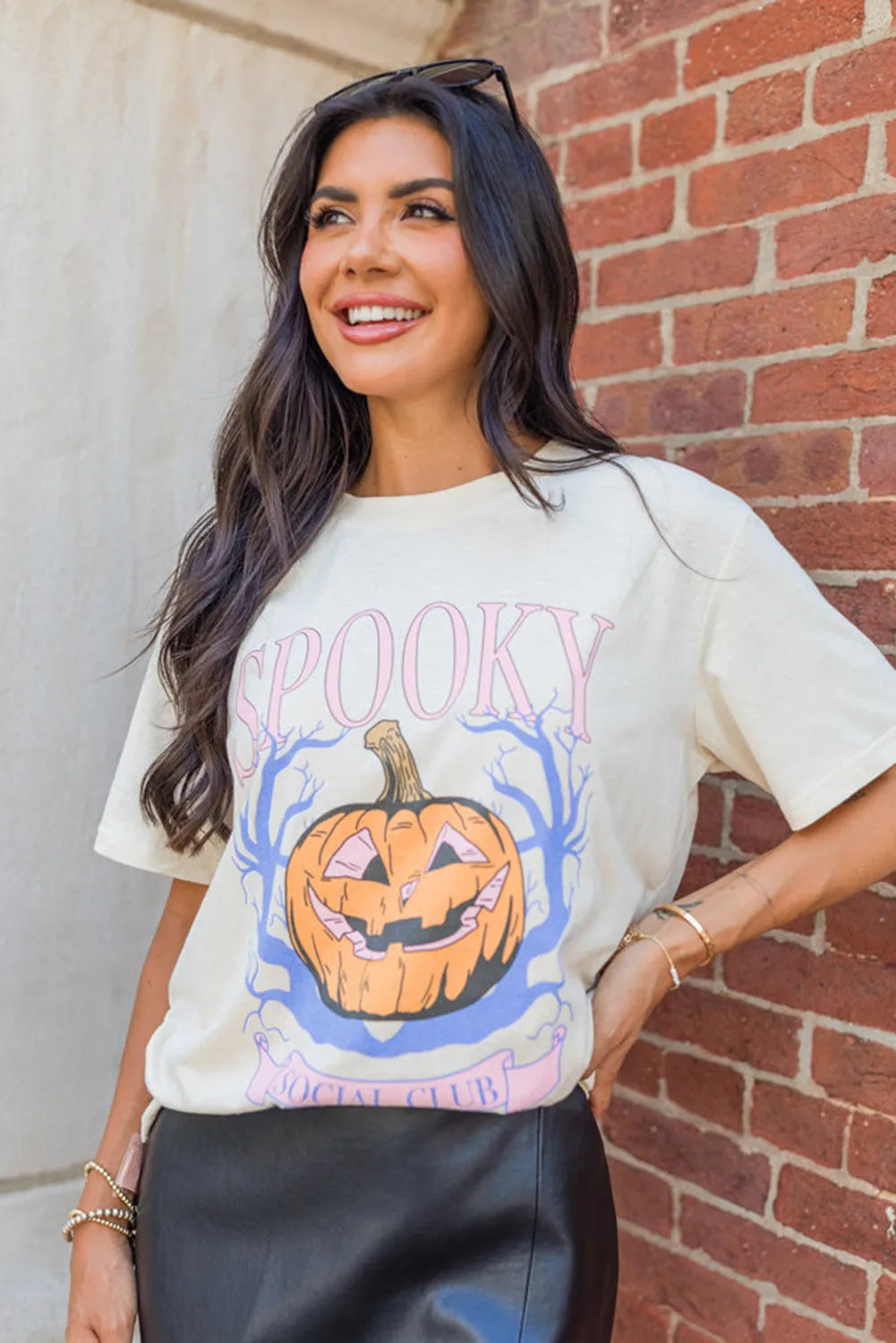 Graphic/Graphic Tees White SPOOKY Pumpkin Print Round Neck Halloween T Shirt