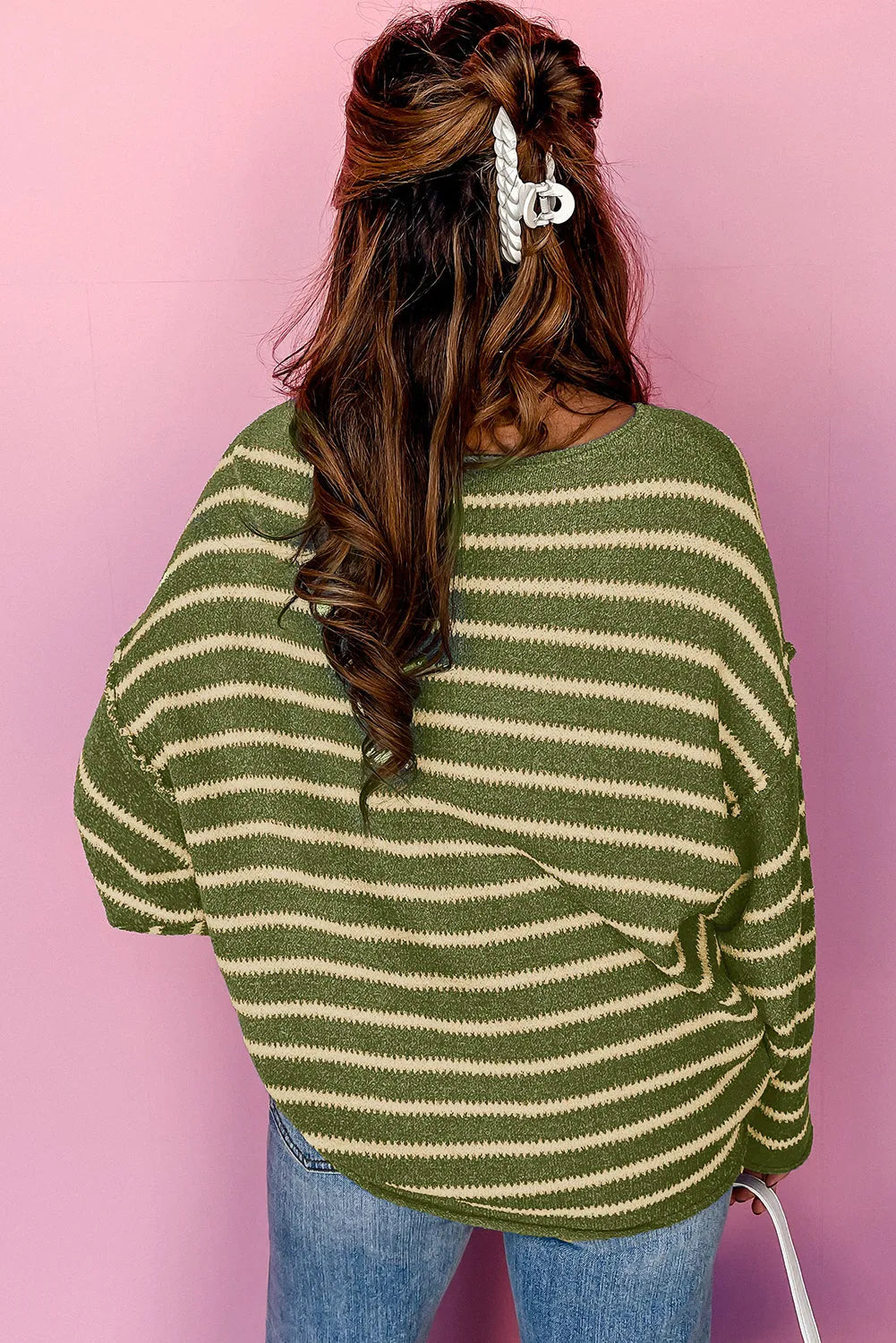 Green Stripe Drop Shoulder Casual Sweater - Chic Meadow Boutique 