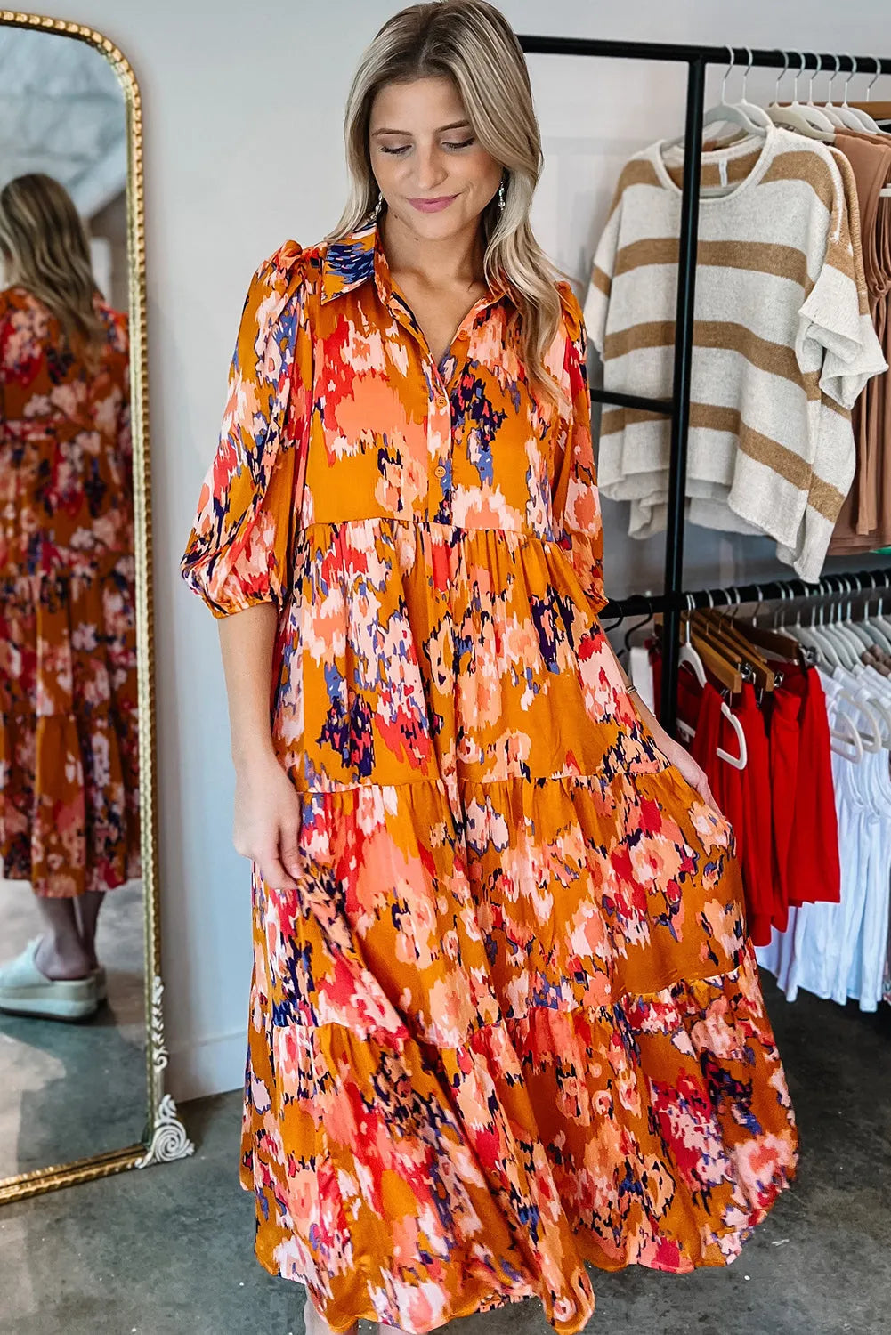 Orange Abstract Print Pleated Half Sleeve Buttoned Maxi Dress - Chic Meadow Boutique 