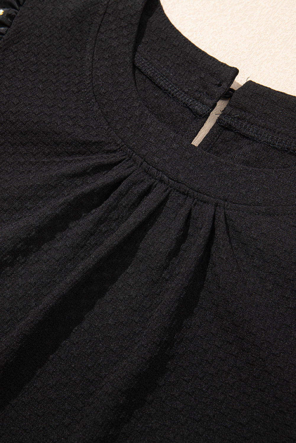 Black Feather Bubble Sleeve Patchwork Textured Blouse