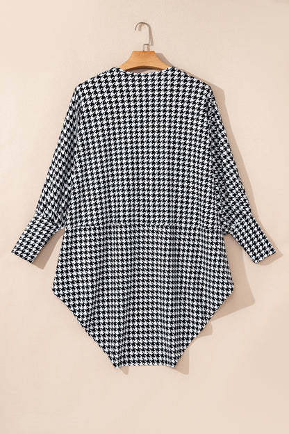 Black Houndstooth Print Open Front Long Dolman Kimonos