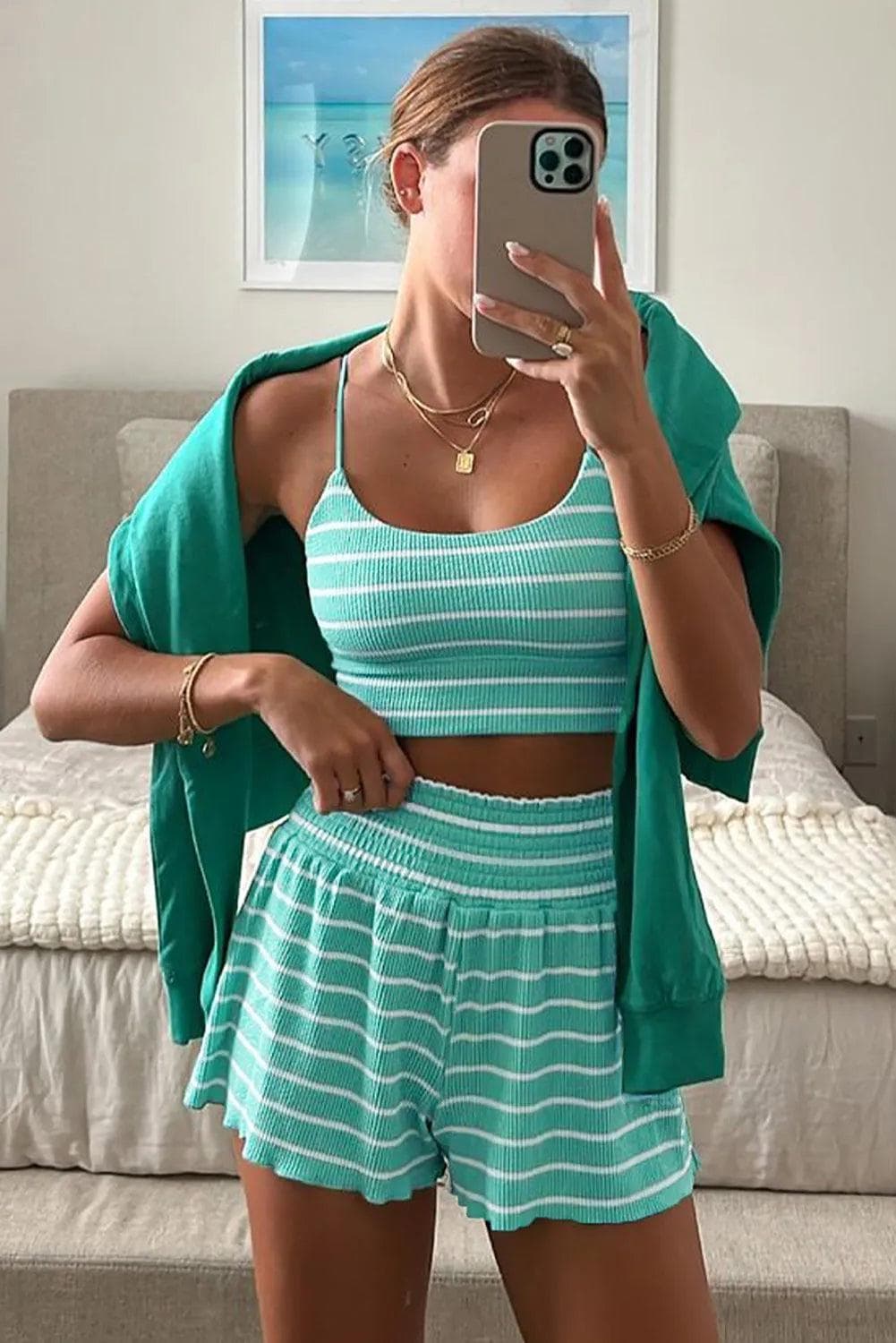 Two Piece Sets/Short Sets Green Stripe U Neck Crop Cami Top and Shorts Outfit