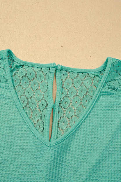 Mint Green Lace Splicing Button Cutout V Neck Waffle Knit Blouse