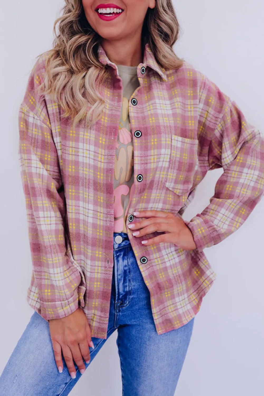 Pink Plaid Print Chest Pocket Long Sleeve Shacket - Chic Meadow Boutique 