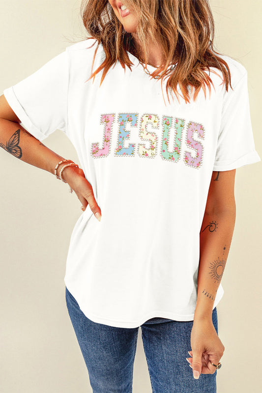 White JESUS Floral Pearl Printed Letter Graphic Tee