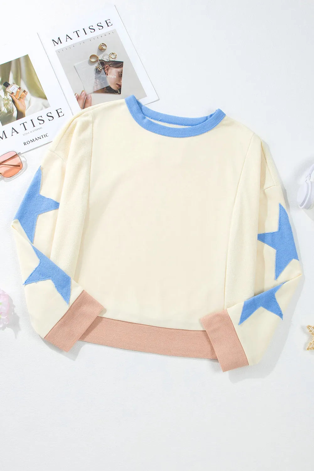 Beige Star Patchwork Exposed Seam Oversized Sweatshirt - Chic Meadow Boutique 