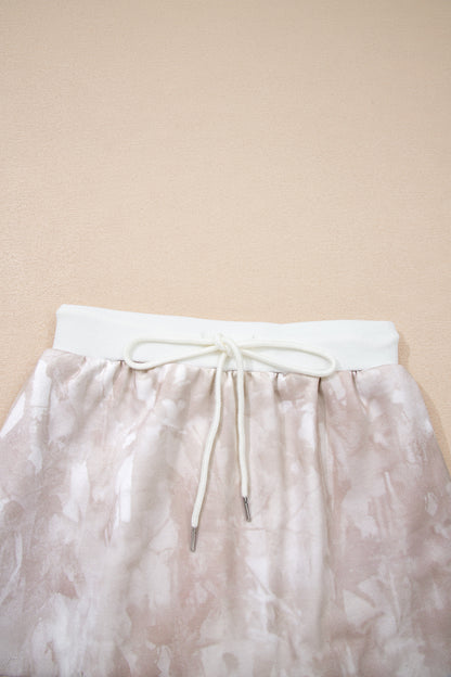 White Abstract Woodland Print Balloon Sleeve Pullover Drawstring Mini Skirt Set