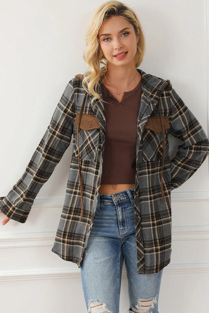 Contrast Hooded Drawstring Plaid Shacket - Chic Meadow Boutique 