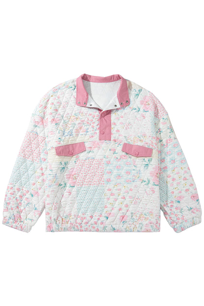 Pink Floral Quilted V-Neck Plus Size Fake Pocket Sweatshirt