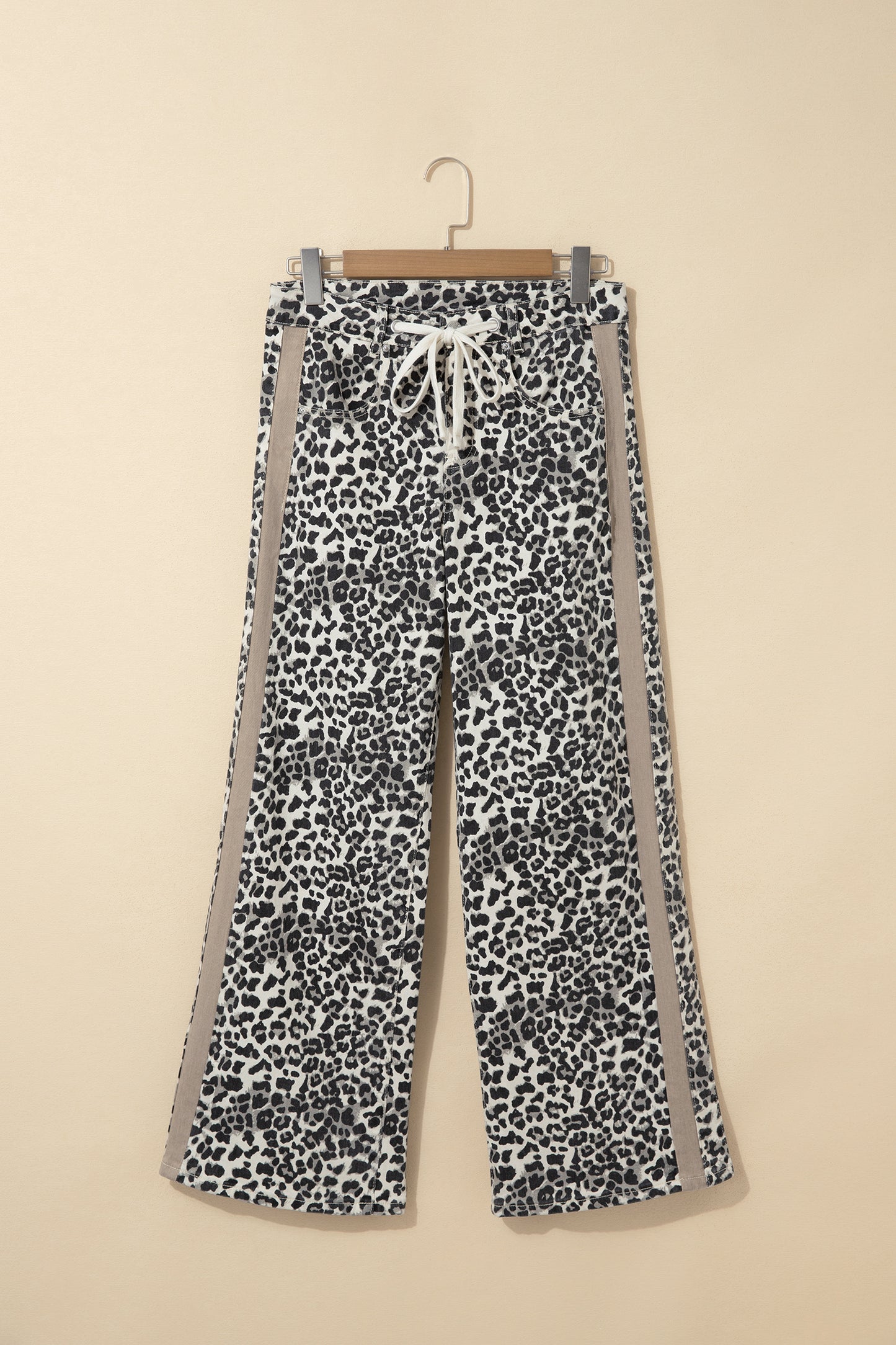 Khaki Leopard Print Drawstring Waist Straight Leg Jeans