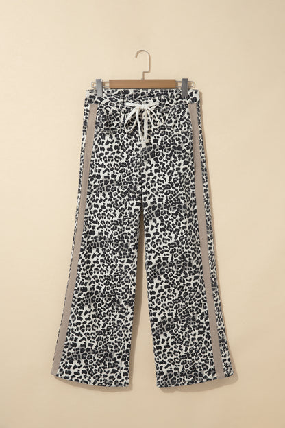Khaki Leopard Print Drawstring Waist Straight Leg Jeans