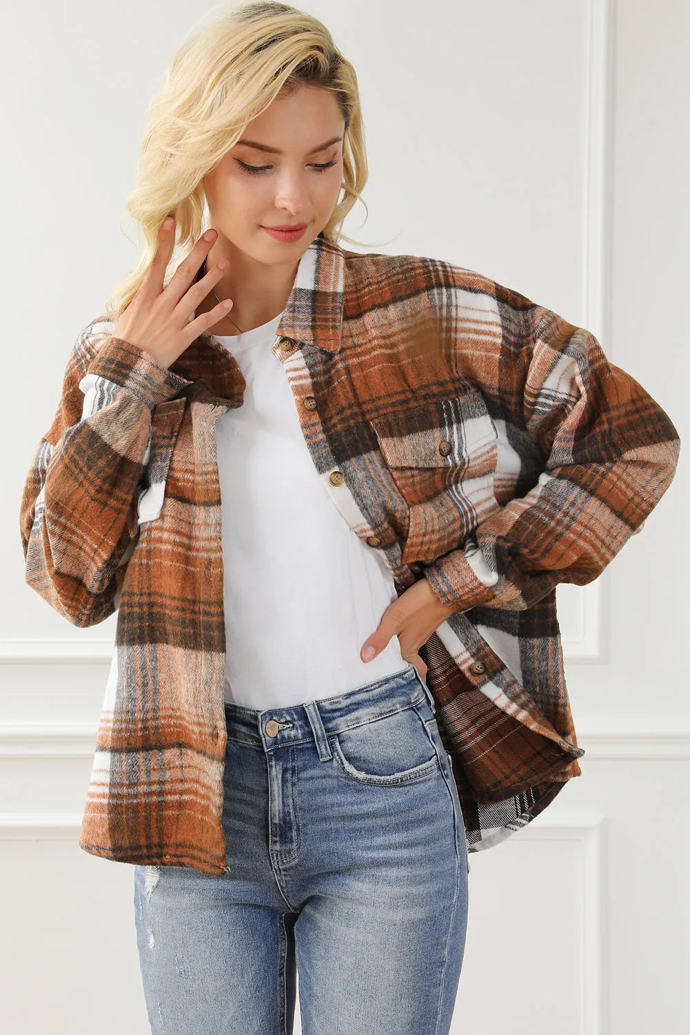 Brown Plaid Flap Pockets Shacket - Chic Meadow Boutique 