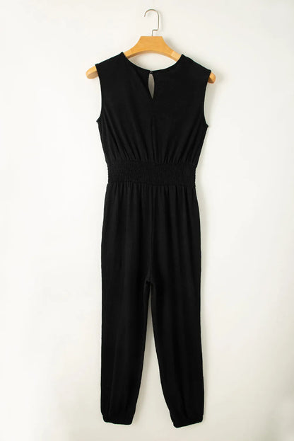 Black Shirred High Waist Sleeveless V Neck Jumpsuit - Chic Meadow Boutique 