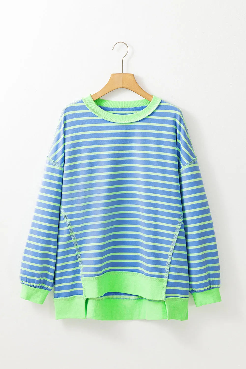 Sky Blue Stripe Contrast Trim High Low Pullover Tunic Sweatshirt - Chic Meadow Boutique 