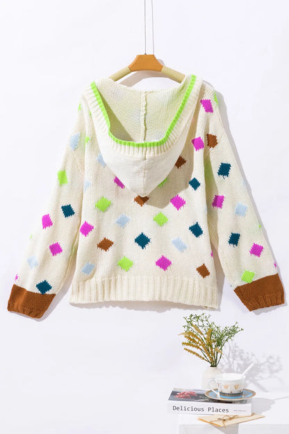 White Rhombus Pattern Colorblock V Neck Hooded Sweater - Chic Meadow Boutique 