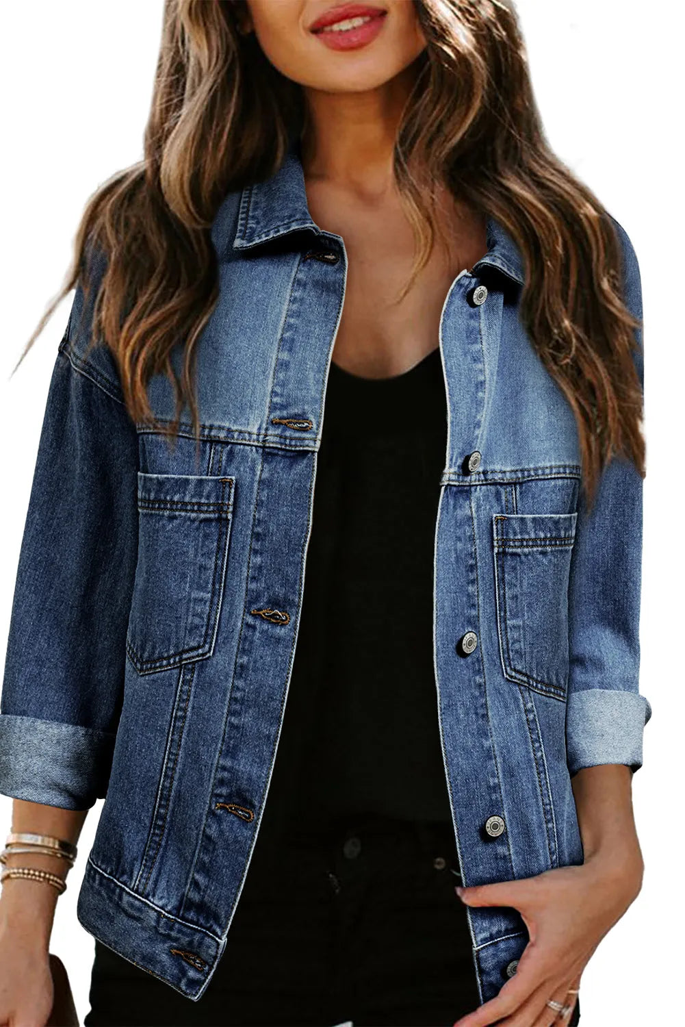 Dark Blue Washed Oversize Pocketed Denim Jacket - Chic Meadow Boutique 