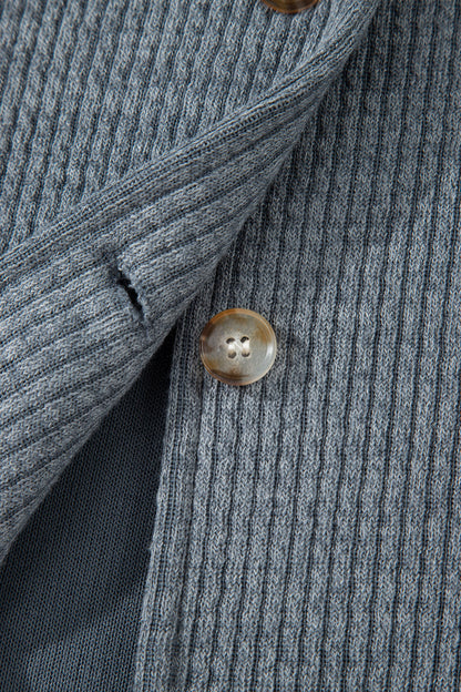Medium Grey Ribbed Knit Buttons Front Flap Pocket Casual Shacket
