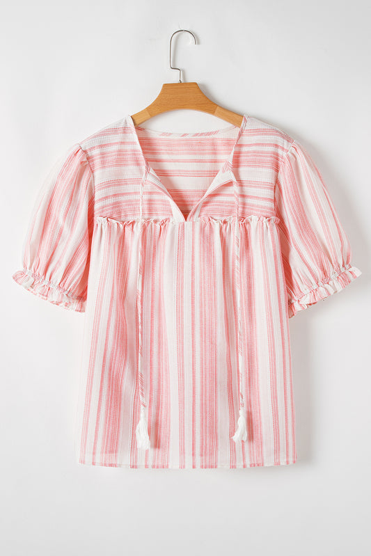 Pink Stripe Plus Size Tassel Tie Frilled Detail Short Sleeve Blouse