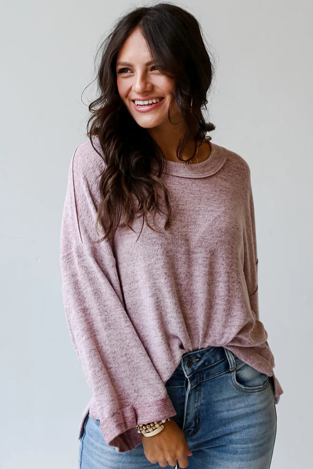 Orchid Petal Exposed Seam Drop Shoulder Wide Long Sleeve T Shirt - Chic Meadow Boutique 