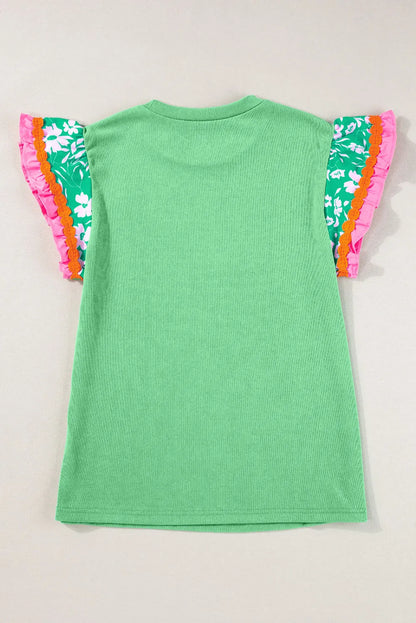 Tops/Tops & Tees Light Green Contrast Ricrac Floral Sleeve Top