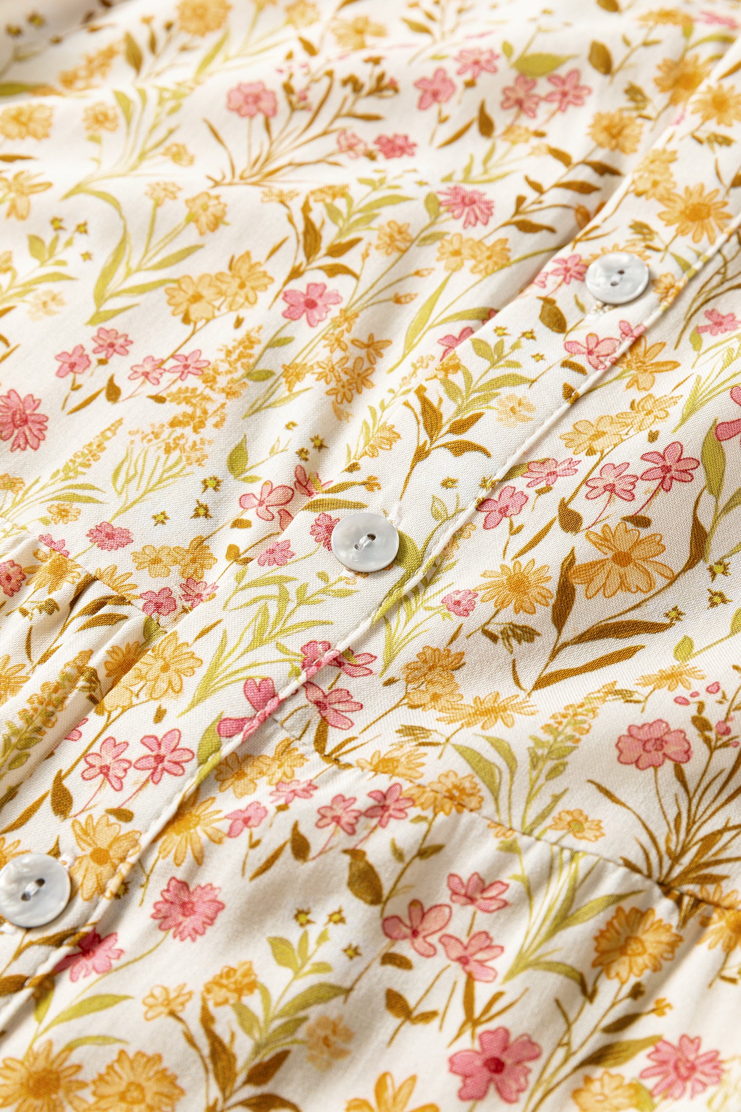 Yellow Floral Print Frilly Trim Smocked Cuff Long Sleeve Loose Shirt Dress