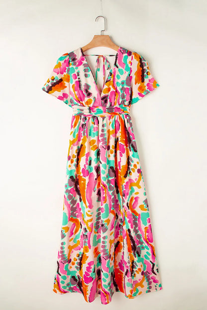 Pink Boho Tie-dye Print V Neck Maxi Dress - Chic Meadow Boutique 