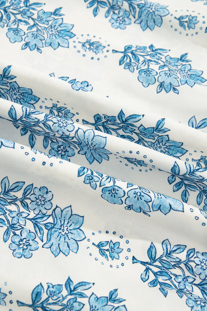 Sky Blue Floral Print Lace Patchwork Detail Wide Leg Pants
