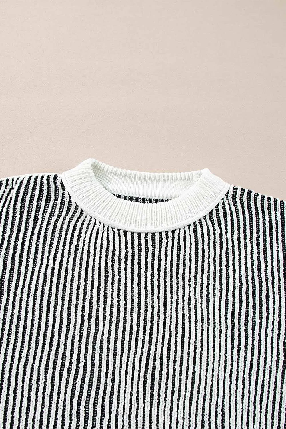 Black Striped Textured Knit Contrast Edge Loose Sweater - Chic Meadow Boutique 