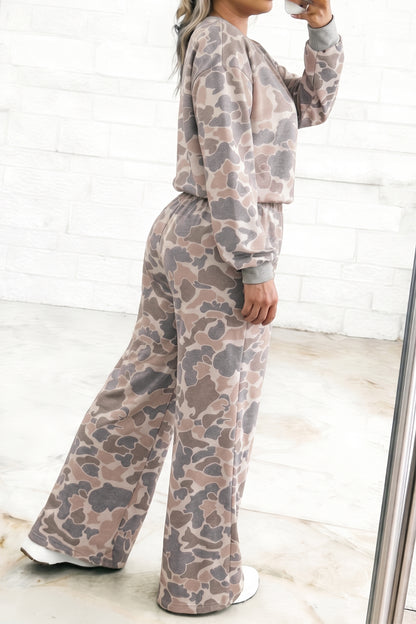 Multicolour Camouflage Long Sleeve Round Neck Two-Piece Plus Size Set