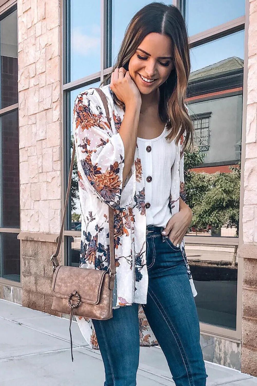 White Floral Print Open Front Bell Sleeve kimono - Chic Meadow Boutique 